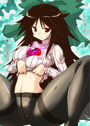 alternate_costume black_hair black_legwear black_wings breasts covered_nipples erect_nipples female highres hips hirowa_nagi large_breasts leaning_back legs long_hair navel no_panties pantyhose parted_lips red_eyes ribbed_sweater shirt_lift solo spread_legs squatting sweat sweater thighband_pantyhose thighs third_eye touhou translated undressing unyu utsuho_reiuji very_long_hair wide_hips wings