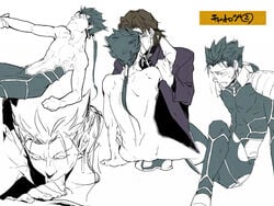 2boys abs cu_chulainn_(fate) fate/stay_night fate_(series) gay kirei_kotomine kissing male monochrome multiple_boys multiple_views muscle nude oral penis text torn_clothes translation_request type-moon yaoi