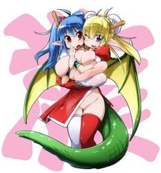 areola_slip areolae blonde_hair blue_eyes blue_hair breast_squeeze breasts breasts_bursting_out bursting_breasts chinese_clothes cleavage conjoined dragon_girl dragon_tail dragon_wings dress female gigantic_breasts hair_bun horns huge_nipples long_hair monster_girl multi_head nipples no_panties pointy_ears pussy red_eyes semahiro siamese_twins simple_background solo standing tail thighhighs tied_hair twintails uncensored wings wink