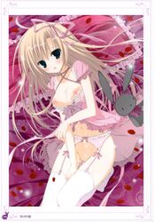 :< absurdres after_sex after_sex babydoll blonde_hair blue_eyes breasts copyright_request cum cum_on_body cum_on_breasts cum_on_upper_body dress_pull garter_belt hair_ribbon highres huge_filesize inugami_kira long_hair lying nipples no_bra no_panties open_mouth petals pillow pussy ribbon rose_petals stuffed_animal stuffed_bunny stuffed_toy tears thighhighs white_legwear