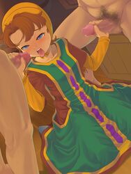 blush brown_hair censored clothing dragon_quest dragon_quest_vii dress female flat_chest group_sex handjob highres long_hair maribel messy_hair naughty_face nude partial_male pubic_hair saikyou_anaheim saliva sweat threesome