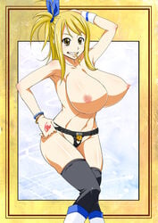 1girls blonde_hair breasts chastity chastity_belt chastity_device chastity_key fairy_tail female female_chastity female_only huge_breasts key key_in_mouth lucy_heartfilia mouth_hold smile solo sunahara_wataru topless