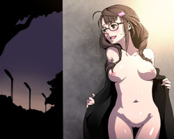 1girls blush braid breasts brown_eyes brown_hair coat embarrassed exhibitionism female glasses idolmaster idolmaster_cinderella_girls long_hair nipples nude okuyama_saori open_clothes open_coat outdoors pubic_hair public public_nudity pussy secret smile solo thigh_gap tkhs twin_braids uncensored undressing