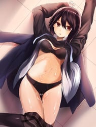 black_bra black_hair black_panties bra brown_eyes cum cum_on_body cum_on_lower_body female hair_between_eyes highres inaba_himeko itosousou kokoro_connect kokoroconnect lingerie lying on_back open_clothes open_shirt panties shirt solo tsuzuri_(itosousou) underwear