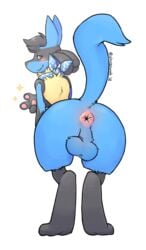 1boy 2018 anus artist_name ass bent_over black_fur blue_fur canine feet furry half-closed_eyes looking_at_viewer looking_back lucario male male_only nintendo original_character paws pokemon pokemon_(species) pokemon_dppt red_eyes shugowah smile solo standing tail teeth testicles text thick_thighs video_games white_background