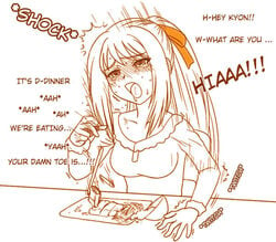 blush breasts eating feet female female_only female_orgasm food footjob hard_translated human long_hair mem monochrome older orgasm payot plate ponytail solo source_request stealth_sex suzumiya_haruhi suzumiya_haruhi_no_yuuutsu text tied_hair translated under_the_table