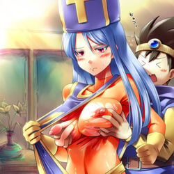 >_< belt black_hair blue_hair blush bodysuit breast_grab breasts clothing covered_nipples danchizuma dragon_quest dragon_quest_iii erect_nipples female flower gloves hero_(dq3) large_breasts medium_breasts nipples open_mouth priest_(dq3) priestess puffy_nipples purple_eyes roto shirt square_enix sweatdrop text torn_clothes translation_request vase wavy_mouth