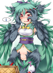 artist_request bottomless clothing fat_mons feathered_wings green_hair harpy highres monster_girl morgan_(shinrabanshou) navel pussy red_eyes shimo_(depthbomb) shinrabanshou sweat sweatdrop talons tears wince wings