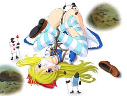 alice_in_wonderland alice_liddell blonde_hair blue_eyes bondage card crotch_rope feet_above_head female gag gagged hair_ribbon matanawa over_the_mouth_gag panties pantyshot playing_card playing_cards ribbon rope shrimp_tie spark_utamaro striped striped_legwear thighhighs underwear upside-down upskirt