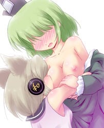 bare_shoulders blush breast_sucking breasts brown_hair collarbone dress earmuffs faceless female futatsuki_hisame green_dress green_hair hair_over_eyes hat headphones multiple_girls nipples no_eyes off_shoulder short_hair soga_no_tojiko tate_eboshi topless touhou toyosatomimi_no_miko yuri