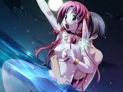 asanagi_mio asanagi_no_aquanauts breasts earrings emoto_aki glasses green_eyes hug jewelry long_hair male mermaid minazuki_haruka monster_girl necklace night nude ocean red_hair water