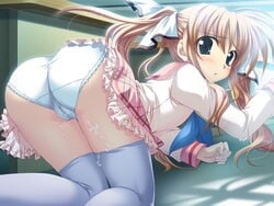 ass blonde_hair blush cameltoe cum cum_on_body cum_on_legs cum_on_lower_body cum_on_thighs lydie_de_le_fehver panties sakura_tale school_uniform serafuku thighhighs tied_hair twintails underwear wet_panties