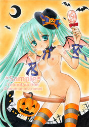 1girls aqua_eyes aqua_hair bat blush breasts candy crotch_rub female hair_ornament halloween hatsune_miku jack-o'-lantern lollipop long_hair momonocaramel naked_stockings naked_thighhighs nipples nude pumpkin pumpkin_hair_ornament pussy pussy_juice ribbon sample solo stockings striped striped_legwear swirl_lollipop thighhighs tied_hair traditional_media twintails uncensored very_long_hair vocaloid watermark wings