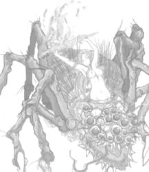 1girls armlet armpits arms_up breasts chaos_witch_quelaag dark_souls female fire fromsoftware long_hair monochrome monster_girl nipples nude sketch solo spider spider_girl sword wantsupanchi!! weapon