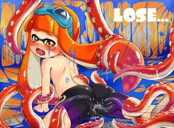 back bike_shorts blush crying domino_mask female game_over goggles goggles_on_head hair_grab highres inkling inkling_girl kaori_(splatoon) kitsunerider looking_back lying mask nintendo object_insertion on_stomach open_mouth orange_eyes orange_hair paint paint_splatter penetration pussy_juice rape saliva solo splatoon straight_hair tally tears tentacle tentacle_hair tentacles_under_clothes text topless vaginal_object_insertion vaginal_penetration young