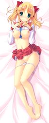 absurdres barefoot blonde_hair bra bra_lift breasts dakimakura feet green_eyes highres idol_revolution legs nipples panties panty_pull pussy sakurai_momoka_(idol_revolution) school_uniform shirt_lift skirt skirt_lift two_side_up uncensored underwear white_panties yuki_usagi