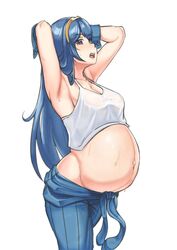 1girls akeggle blue_eyes blue_hair fire_emblem fire_emblem_awakening huge_belly long_hair lucina_(fire_emblem) medium_breasts nintendo pregnant ready_to_pop see-through_clothing solo solo_female sweat tank_top veiny_belly white_background