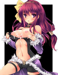 1girls bare_shoulders black_background blush bow breasts cameltoe choker cum cum_on_body cum_on_breasts cum_on_upper_body female hair_ornament hairbow long_hair low-tied_long_hair navel nipples open_clothes open_mouth puffy_nipples purple_eyes purple_hair ragnarok_online short_shorts shorts solo sorai_shin'ya soraishinya stalker_(ragnarok_online)