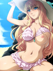 1girls beach bikini bikini_lift bikini_skirt blonde_hair blue_eyes breast_slip breasts breasts_out cleavage female frilled_bikini frills hairu hat jewelry large_breasts long_hair macross macross_frontier navel necklace nipples one_breast_out sand sheryl_nome shiny shiny_skin sky solo sweatdrop swimsuit