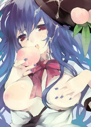 1girls alternate_breast_size blue_hair bowtie breasts bust cum cum_on_body cum_on_breasts cum_on_clothes cum_on_hair cum_on_upper_body facial female food fruit hat k_(li) large_breasts leaf long_hair nail_polish nipples open_clothes open_mouth open_shirt peach_(fruit) red_eyes ribbon shirt solo tenshi_hinanawi touhou