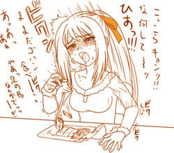 blush breasts check_translation eating feet female female_only female_orgasm food footjob hair_ribbon human long_hair mem monochrome older orgasm payot plate ponytail ribbon solo stealth_sex suzumiya_haruhi suzumiya_haruhi_no_yuuutsu text tied_hair translated under_the_table