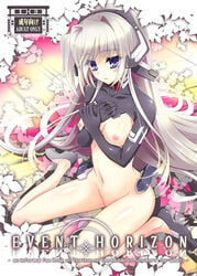 1girls blue_eyes breasts cover cover_page doujin_cover feet female flower hand_on_own_chest headset horizon_ariadust kyoukaisenjou_no_horizon long_hair navel nipples nude silver_hair sitting solo urabi_(tomatohouse) very_long_hair wariza