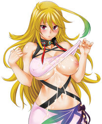 1girls ahoge bare_shoulders blonde_hair blush breasts choker cum cum_on_body cum_on_breasts cum_on_stomach cum_on_upper_body female gradient_hair green_hair highres milla_maxwell multicolored_hair navel nipples red_eyes shirt_lift simple_background skirt solo tales_of_(series) tales_of_xillia todd_oyamada tubetop