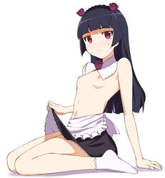 a1 arm_support barefoot black_hair detached_collar female flat_chest flower footwear full_body gokou_ruri hair_flower hair_ornament long_hair mole nipples ore_no_imouto_ga_konna_ni_kawaii_wake_ga_nai red_eyes simple_background sitting skirt skirt_lift socks solo sweatdrop topless wariza white_background white_legwear