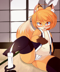 belly blonde_hair blush candle canine chubby fangs female fox furry hair highres legwear mammal mcdonnell-douglas ninja ninja_training_(original_title) panties plump solo thigh_highs thighhighs underwear