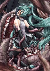 bare_shoulders blush boots closed_eyes clothing detached_sleeves faith001 faith_(sbi) female from_behind green_hair hatsune_miku interspecies long_hair monster necktie open_mouth penetration rape restrained saliva size_difference skirt solo spread_legs tears teeth tentacle tentacle_grab tentacles_under_clothes thigh_boots thighhighs tied_hair twintails very_long_hair vocaloid vore zettai_ryouiki