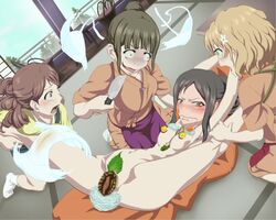 blonde_hair brown_hair dom dom_(jiromike2000) female food hanasaku_iroha jiromike2000 matsumae_ohana oshimizu_nako pixiv_manga_sample short_hair tsurugi_minko wakura_yuina yuri