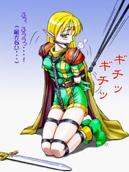 blonde_hair blush bondage breast_bondage capcom cape circlet cleave_gag crotch_rope dungeons_and_dragons elf female gag green_eyes hishinawa_shibari lucia_(d&d) matanawa pointy_ears rope rope_gag shoes short_dress solo spark_utamaro sweat sword weapon