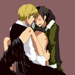 2boys anal artist_request blonde_hair bottomless clothed_male_nude_male clothed_on_nude duo durarara!! gay heiwajima_shizuo human in_lap jacket male multiple_boys orihara_izaya shirt_lift sinba_(ying-hua) sitting tears vest yaoi