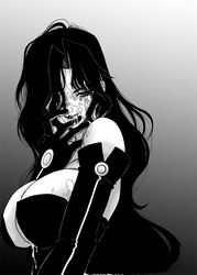 bare_shoulders black_dress black_eyes black_gloves black_hair blush breasts cleavage cum cum_on_breasts cum_on_upper_body dbqp dress facial female fullmetal_alchemist hair_over_one_eye homunculus huge_breasts large_breasts licking long_hair lust_(fullmetal_alchemist) monochrome naughty_face simple_background solo strapless_dress tongue tongue_out wavy_hair