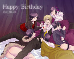 6+boys 6boys animal_ears bed black_hair blonde_hair bottomless cat_ears cat_tail catboy clothed durarara!! feeding food fruit gay group_sex headphones heiwajima_shizuo hibiya human jacket male multiple_boys multiple_persona orihara_izaya psyche_(durarara!!) psychedelic_dreams red_eyes strawberry subarashii_hibi tail undressing vest yaoi