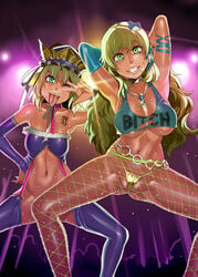 alternate_costume blonde_hair bracelet breasts clothes_writing eiki_shiki elbow_gloves female fishnet_pantyhose fishnets frog frog_hair_ornament ganguro gloves green_eyes green_hair gyaru hair_ornament hat jewelry large_breasts lights long_hair mizuryuu_kei multiple_girls necklace one_eye_closed open_mouth pantyhose piercing profanity revealing_clothes sanae_kochiya short_hair smile sweat tank_top tongue tongue_out tongue_piercing touhou translated wink