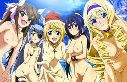 5girls absurdres beach blonde_hair blue_eyes blush breasts cecilia_alcott charlotte_dunois christmas green_eyes hashimoto_takayoshi hat highres huang_lingyin infinite_stratos laura_bodewig long_hair multiple_girls nipples nude nude_filter photoshop pussy santa_hat shinonono_houki short_hair smile uncensored