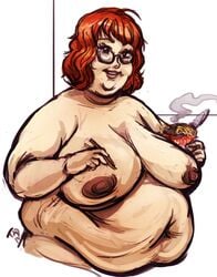 1girls belly big_belly breasts chopsticks cup_noodles facing_viewer fat fat_folds female glasses large_breasts looking_at_viewer nipples orange_hair sagging_breasts short_hair smile solo theamericandream topless_frame upper_body