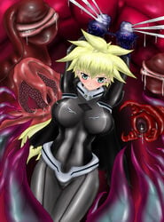 allegro_(artist) arms_up belt black_beat blonde_hair blush breasts cameltoe green_eyes imminent_rape large_breasts lealorg monster my-otome restrained sara_gallagher tentacles