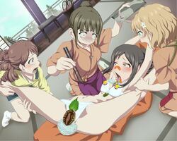 blonde_hair bra dom dom_(jiromike2000) female food hanasaku_iroha jiromike2000 matsumae_ohana oshimizu_nako panties pixiv_manga_sample short_hair tsurugi_minko wakura_yuina