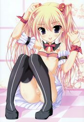 absurdres aries bandaid bandaid_on_pussy blonde_hair bra clothing dengeki_hime female fixed highres inuzumi_masaki maebari nanahara_tsubaki no_panties nopan partially_visible_vulva pussy solo thighhighs tied_hair trouble@spiral! twintails