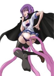 anus ass blush bra breasts cape etou_fujiko ichiban_ushiro_no_daimaou lingerie looking_back nipples open_mouth panties panty_pull purple_hair skirt tentacle thighhighs underwear vaginal_penetration wince