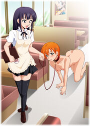 2girls all_fours apron bitch_taken_for_walk black_legwear bondage breasts collar female female_only femdom femsub full_body hair_ornament hairpin highres human inami_mahiru leash long_hair multiple_girls nipples nude orange_hair pet_play public_nudity purple_hair ryumage short_hair slave thighhighs waitress working!! yamada_aoi yuri zettai_ryouiki