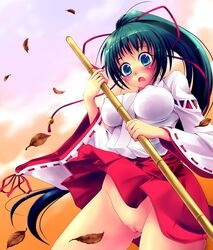 aqua_eyes blush bottomless broom fat_mons green_hair hair_ribbon hakama highres japanese_clothes leaf long_hair miko no_panties open_mouth original ponytail pussy ribbon skirt solo tied_hair torii uncensored wind wind_lift x.x