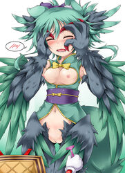 blush bottomless breastless_clothes breastless_clothing breasts claws closed_eyes clothing embarrassed fat_mons feathers female gloves green_hair hair harpy hi_res highres monster monster_girl morgan_(shinrabanshou) nipples purple_ribbon pussy razor red_eyes ribbon ribbons shaved_pussy shimo_(depthbomb) shinrabanshou waffle wings