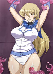 alexis_rhodes allegro_(artist) armpits arms_up black_beat blonde_hair blush bound breasts cameltoe covered_nipples curvy erect_nipples female highres human imminent_rape large_breasts long_hair obelisk_blue_uniform panties restrained sweat tears tentacle underwear yellow_eyes yu-gi-oh! yu-gi-oh!_gx