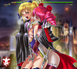 2girls amy_sorel biting blood cape cassandra_alexandra crotch_rub drill_hair female female_only hayato_(artist) human multiple_girls mutual_masturbation naked_cape nude soul_calibur soul_calibur_iv sword vampire weapon yuri