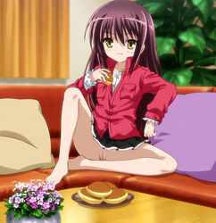 barefoot brown_eyes brown_hair eating feet highres long_hair no_panties photoshop pussy ro-kyu-bu! screencap sitting spread_legs stitched takamura_mihoshi uncensored