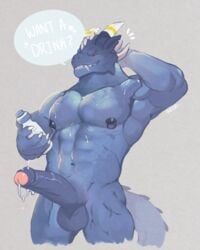 2017 anthro balls beverage blush cum digital_media_(artwork) dragon erection hi_res humanoid_penis male male_only nipple_piercing nipples penis piercing smile solo standing ursso_(artist) water wet