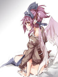 after_sex alternate_costume alternate_hairstyle animal_ears bottomless brown_eyes cum cum_on_ass cum_on_body cum_on_hair facial female hair_up head_scarf japanese_clothes looking_back mystia_lorelei obi okamisty pink_hair rough sash short_hair sketch solo tasuki touhou ukyo_rst wings